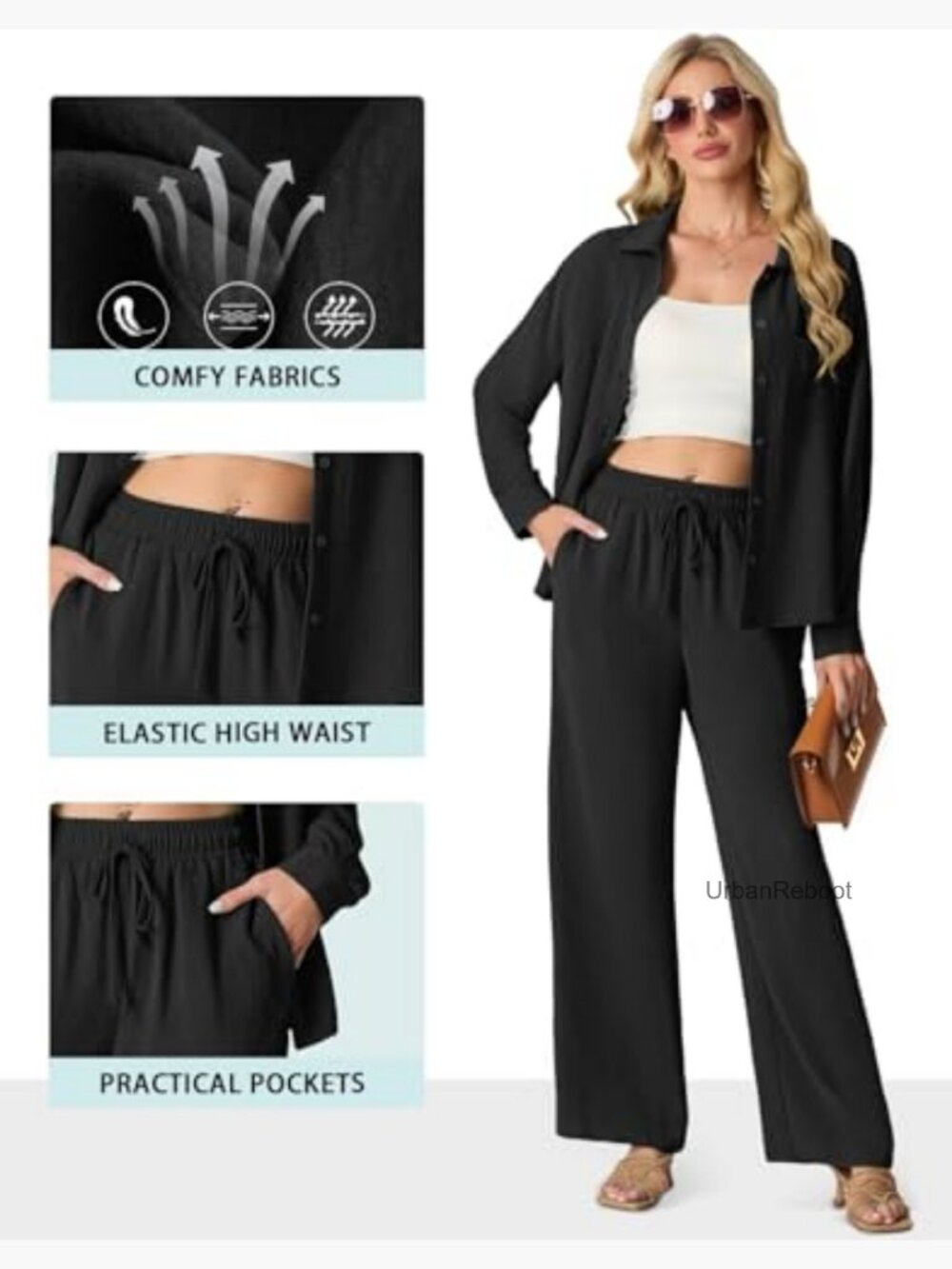 Womens Lounge Sets 2 Piece Outfits Button Down Shirt Wide Leg Pants Tracksuit - Picture 2 of 7